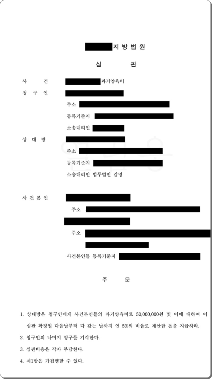 전 아내가 성인이 된 자녀의 과거 양육비를 청구한 사안, 93% 감액.jpg